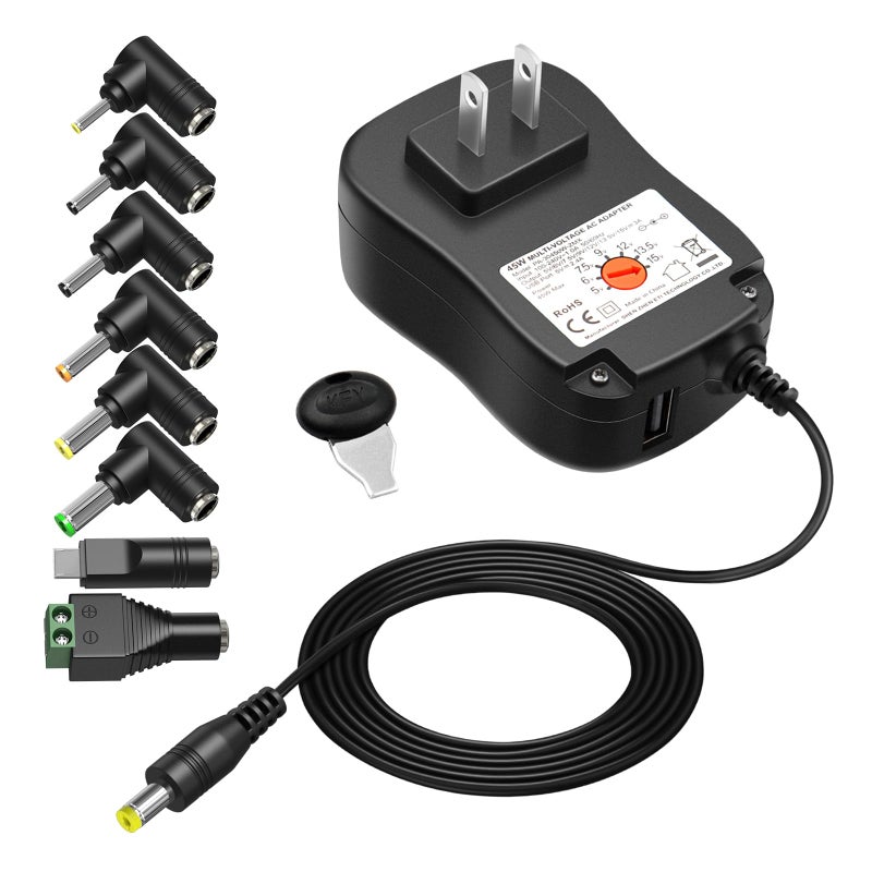 Powseed محول طاقة عالمي Powseed 45W مع منفذ USB 5V 2A 5V 6V 7.5V 9V 12V 13.5V 15V 3A 2A 1A وكابل طاقة DC مع 8 رؤوس Micro USB 5.5x2.1mm 5.5x2.5mm لمكبر الصوت وكاميرا الويب وأضواء شريط LED - Image 1